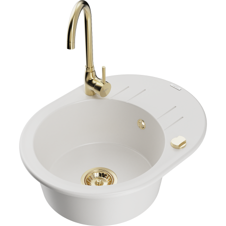 Mexen Kevin granitový dřez 1-komorový s odkapávačem a kuchyňskou baterií Telma, bílý - 6517-20-670200-50