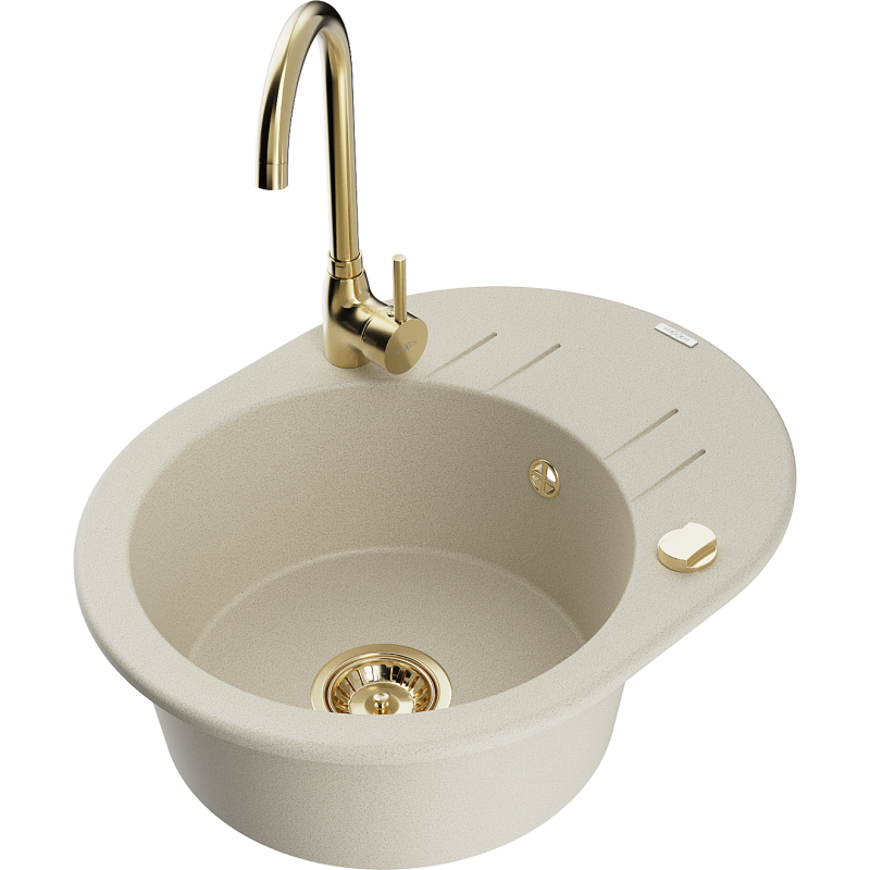 Mexen Kevin granitový dřez 1-komorový s odkapávačem a kuchyňskou baterií Telma, béžový - 6517-69-670200-50