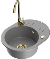 Mexen Kevin granitový dřez 1-komorový s odkapávačem a kuchyňskou baterií Telma, šedý - 6517-71-670200-50