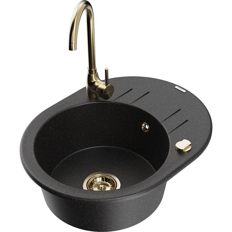 Mexen Kevin granitový dřez 1-komorový s odkapávačem a kuchyňskou baterií Telma, černý/stříbrný metalik - 6517-73-670200-50