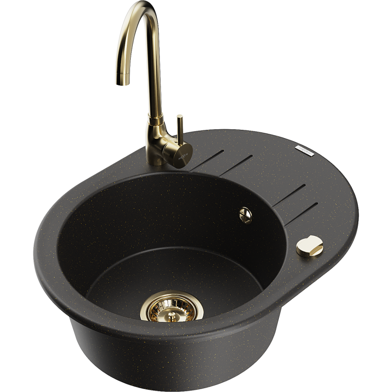 Mexen Kevin granitový dřez s 1 komorou a odkapem a kuchyňskou baterií Telma, černý/zlatý metalik - 6517-75-670200-50