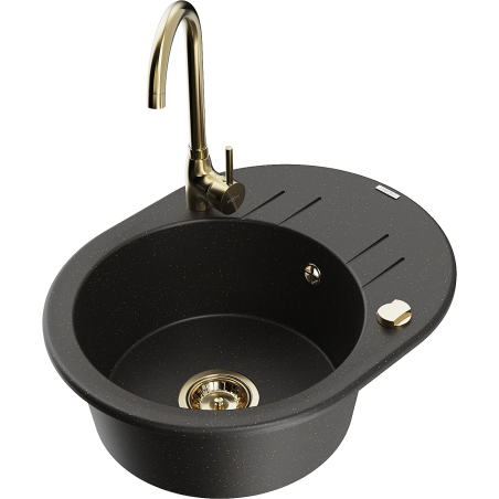 Mexen Kevin granitový dřez s 1 komorou a odkapem a kuchyňskou baterií Telma, černý/zlatý metalik - 6517-75-670200-50