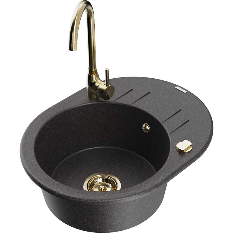 Mexen Kevin granitový dřez 1-komorový s odkapávačem a kuchyňskou baterií Telma, černý s tečkami - 6517-76-670200-50