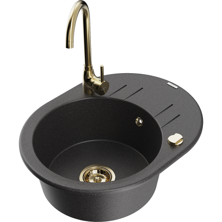 Mexen Kevin granitový dřez 1-komorový s odkapávačem a kuchyňskou baterií Telma, černý s tečkami - 6517-76-670200-50