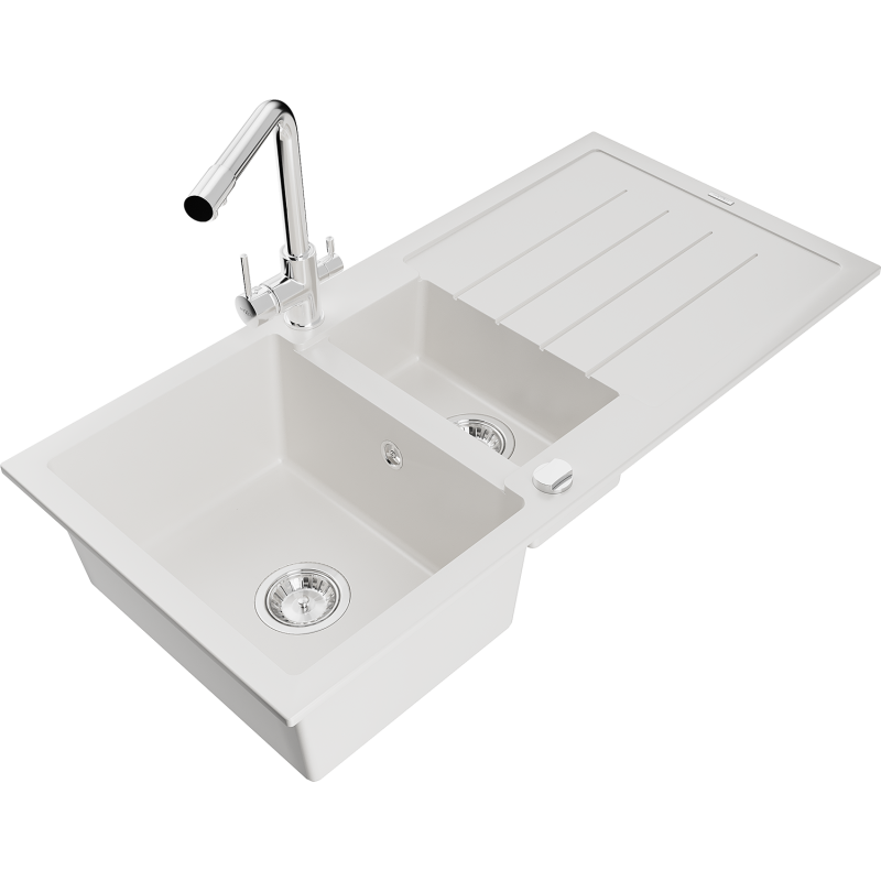 Mexen Andres granitový dřez 1,5-komorový s odkapávačem a kuchyňskou baterií Duero, bílý - 6515-20-671600-00