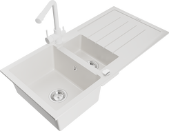 Mexen Andres kamenný dřez 1,5-komorový s odkapávačem a kuchyňskou baterií Duero, bílý - 6515-20-671600-20