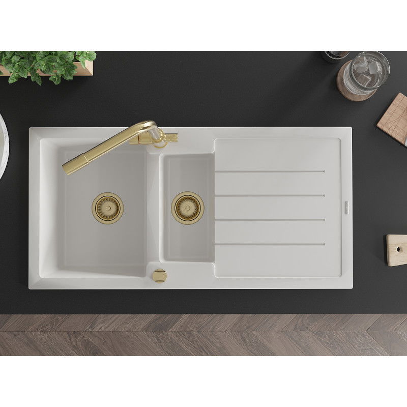 Mexen Andres žulový dřez 1,5-komorový s odkapávačem a kuchyňskou baterií Duero, bílý - 6515-20-671600-50