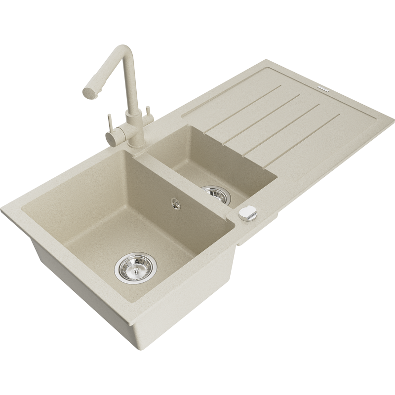 Mexen Andres granitový dřez 1,5-komorový s odkapávačem a kuchyňskou baterií Duero, béžový - 6515-69-671600-69