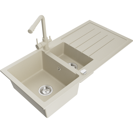 Mexen Andres granitový dřez 1,5-komorový s odkapávačem a kuchyňskou baterií Duero, béžový - 6515-69-671600-69