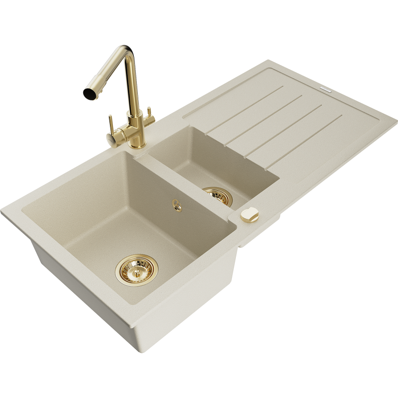 Mexen Andres granitový dřez 1,5-komorový s odkapávačem a kuchyňskou baterií Duero, béžový - 6515-69-671600-50