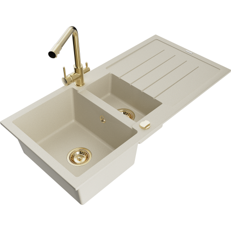 Mexen Andres granitový dřez 1,5-komorový s odkapávačem a kuchyňskou baterií Duero, béžový - 6515-69-671600-50
