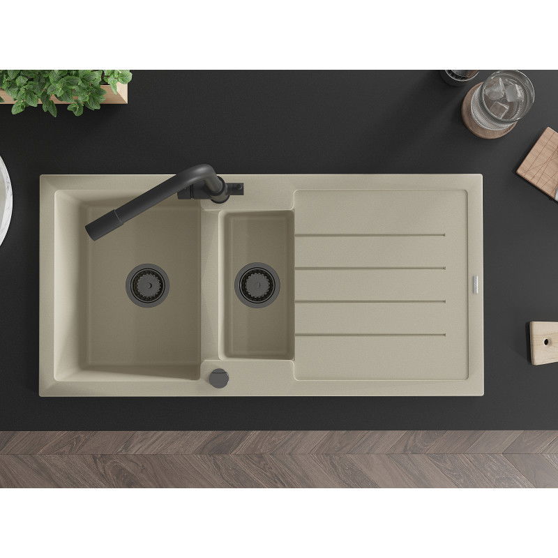 Mexen Andres granitový dřez 1,5-komorový s odkapávačem a kuchyňskou baterií Duero, béžový - 6515-69-671600-70