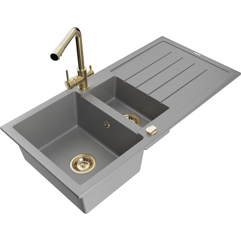 Mexen Andres žulový dřez 1,5-komorový s odkapávačem a kuchyňskou baterií Duero, šedý - 6515-71-671600-50