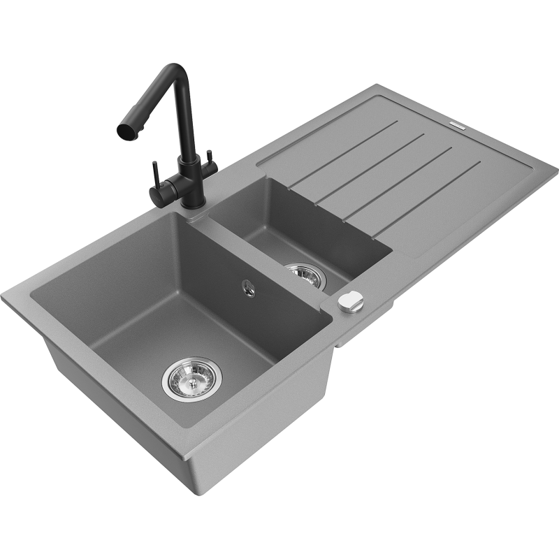 Mexen Andres granitový dřez 1,5-komorový s odkapávačem a kuchyňskou baterií Duero, šedý - 6515-71-671600-70