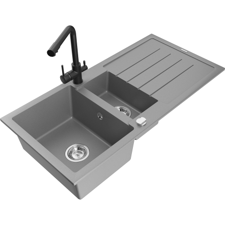 Mexen Andres granitový dřez 1,5-komorový s odkapávačem a kuchyňskou baterií Duero, šedý - 6515-71-671600-70