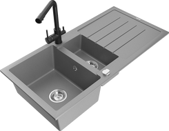 Mexen Andres granitový dřez 1,5-komorový s odkapávačem a kuchyňskou baterií Duero, šedý - 6515-71-671600-70