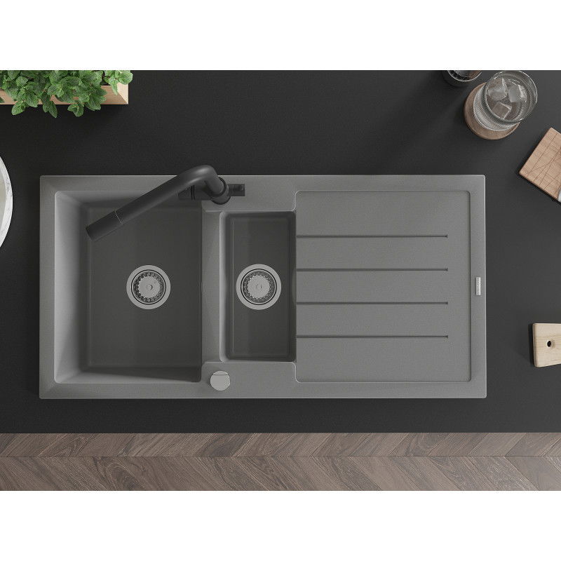 Mexen Andres granitový dřez 1,5-komorový s odkapávačem a kuchyňskou baterií Duero, šedý - 6515-71-671600-70