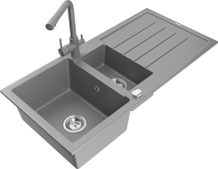 Mexen Andres žulový dřez 1,5-komorový s odkapávačem a kuchyňskou baterií Duero, šedý - 6515-71-671600-71