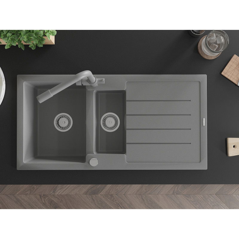 Mexen Andres žulový dřez 1,5-komorový s odkapávačem a kuchyňskou baterií Duero, šedý - 6515-71-671600-71