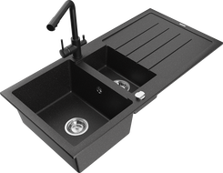 Mexen Andres granitový dřez 1,5-komorový s odkapávačem a kuchyňskou baterií Duero, černý/stříbrný - 6515-73-671600-70
