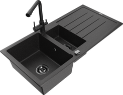 Mexen Andres granitový dřez 1,5komorový s odkapávačem a kuchyňskou baterií Duero, černý/stříbrný - 6515-73-671600-70-B
