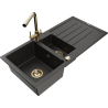 Mexen Andres granitový dřez 1,5-komorový s odkapávačem a kuchyňskou baterií Duero, černý/zlatý - 6515-75-671600-50