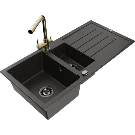 Mexen Andres granitový dřez 1,5-komorový s odkapávačem a kuchyňskou baterií Duero, černý/zlatý - 6515-75-671600-50-B