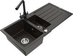 Mexen Andres granitový dřez 1,5komorový s odkapávačem a kuchyňskou baterií Duero, černý/zlatý - 6515-75-671600-70