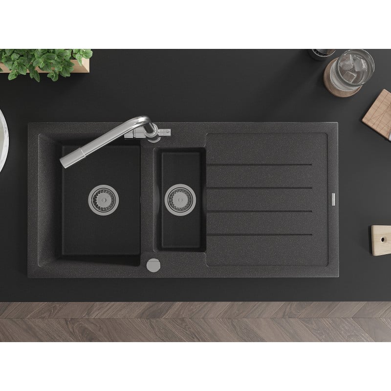 Mexen Andres granitový dřez 1,5 komorový s odkapávačem a kuchyňskou baterií Duero, černý skvrnitý - 6515-76-671600-00