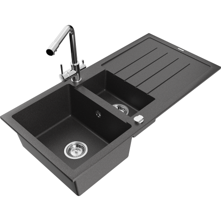Mexen Andres granitový dřez 1,5 komorový s odkapávačem a kuchyňskou baterií Duero, černý skvrnitý - 6515-76-671600-00