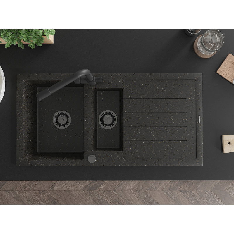 Mexen Andres granitový dřez 1,5-komorový s odkapávačem a kuchyňskou baterií Duero, černý/zlatý - 6515-75-671600-70-B