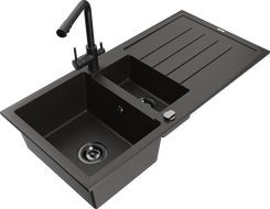 Mexen Andres granitový dřez 1,5-komorový s odkapávačem a kuchyňskou baterií Duero, černý/zlatý - 6515-75-671600-70-B