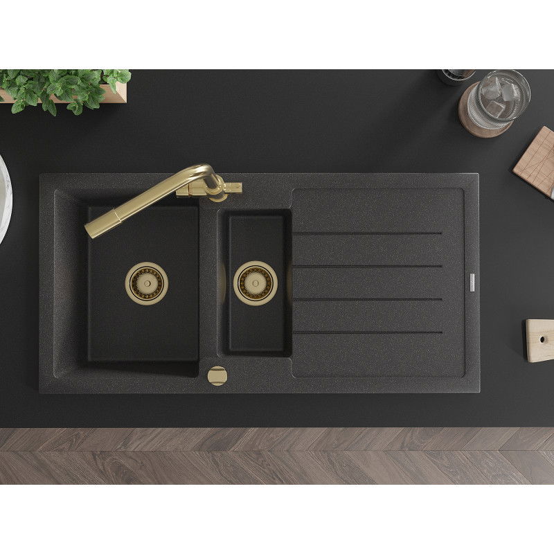 Mexen Andres granitový dřez 1,5-komorový s odkapávačem a kuchyňskou baterií Duero, černý skvrnitý - 6515-76-671600-50