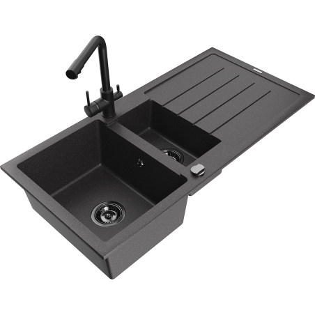 Mexen Andres granitový dřez 1,5-komorový s odkapávačem a kuchyňskou baterií Duero, černý skvrnitý - 6515-76-671600-70-B