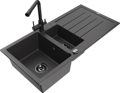Mexen Andres granitový dřez 1,5-komorový s odkapávačem a kuchyňskou baterií Duero, černý skvrnitý - 6515-76-671600-70-B