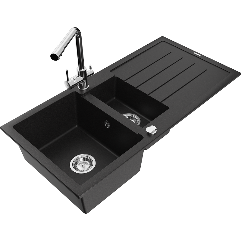 Mexen Andres granitový dřez 1,5-komorový s odkapávačem a kuchyňskou baterií Duero, černý - 6515-77-671600-00