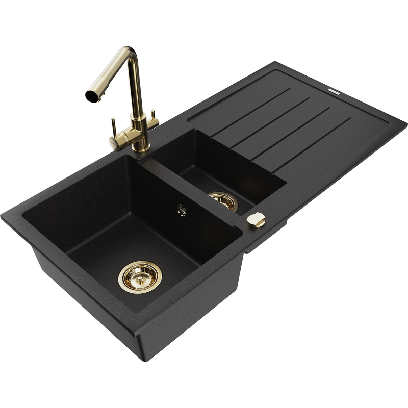 Mexen Andres granitový dřez 1,5-komorový s odkapávačem a kuchyňskou baterií Duero, černý - 6515-77-671600-50