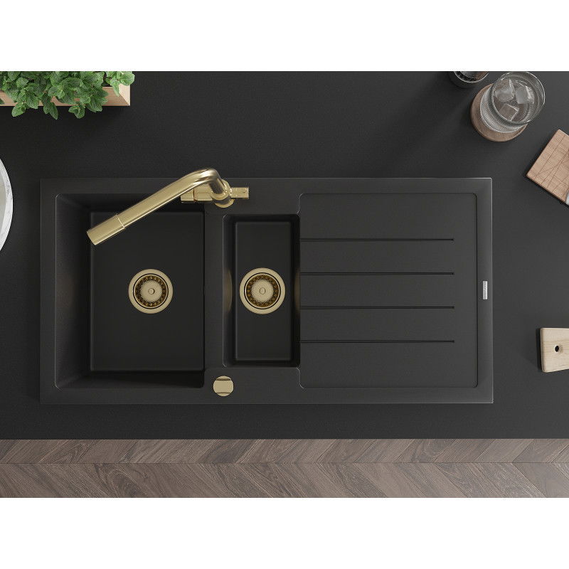 Mexen Andres granitový dřez 1,5-komorový s odkapávačem a kuchyňskou baterií Duero, černý - 6515-77-671600-50