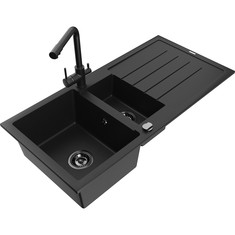 Mexen Andres žulový dřez 1,5-komorový s odkapávačem a kuchyňskou baterií Duero, černý - 6515-77-671600-70-B