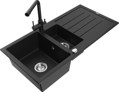 Mexen Andres granitový dřez 1,5-komorový s odkapávačem a kuchyňskou baterií Duero, černý - 6515-77-671600-70