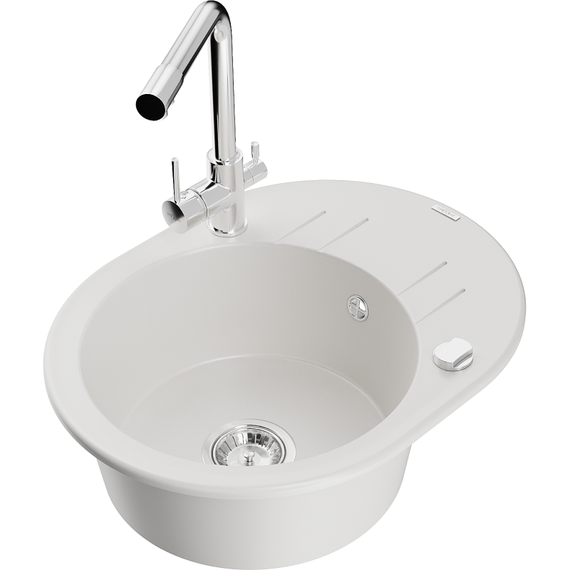 Mexen Kevin granitový dřez 1-komorový s odkapávačem a kuchyňskou baterií Duero, bílý - 6517-20-671600-00