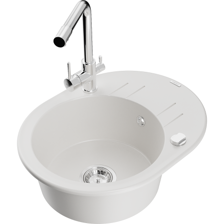 Mexen Kevin granitový dřez 1-komorový s odkapávačem a kuchyňskou baterií Duero, bílý - 6517-20-671600-00