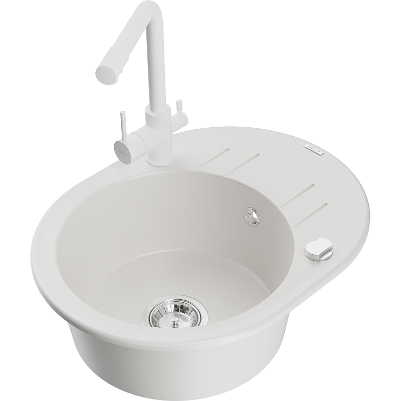 Mexen Kevin granitový dřez 1-komorový s odkapávačem a kuchyňskou baterií Duero, bílý - 6517-20-671600-20