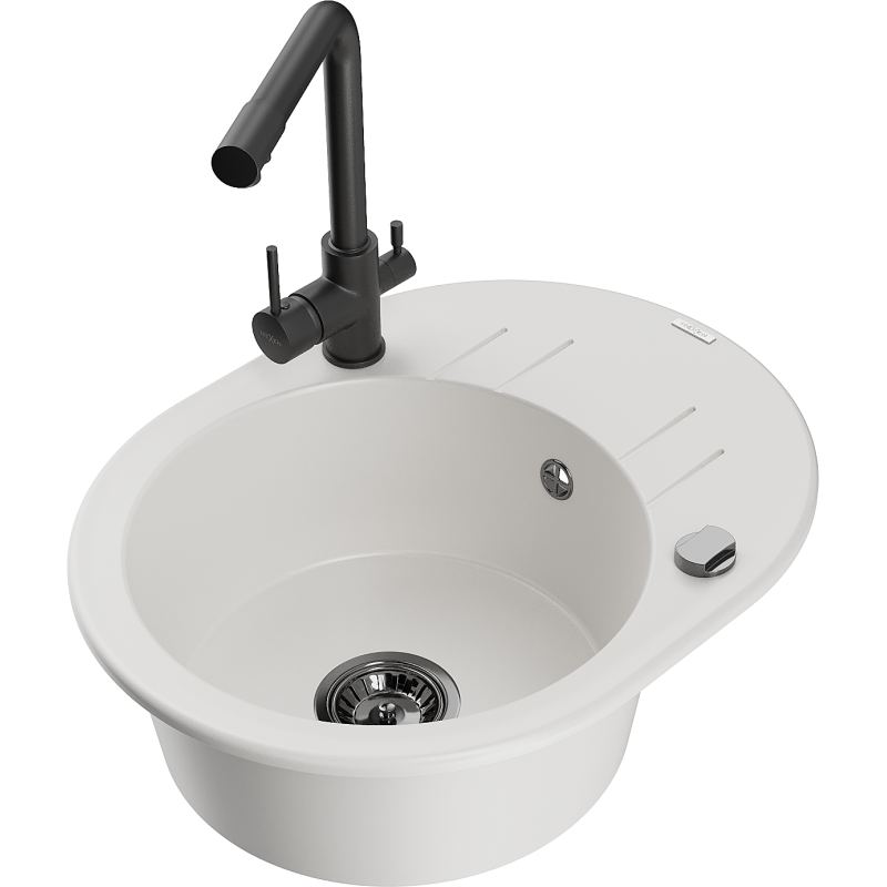 Mexen Kevin granitový dřez 1-komorový s odkapávačem a kuchyňskou baterií Duero, bílý - 6517-20-671600-70