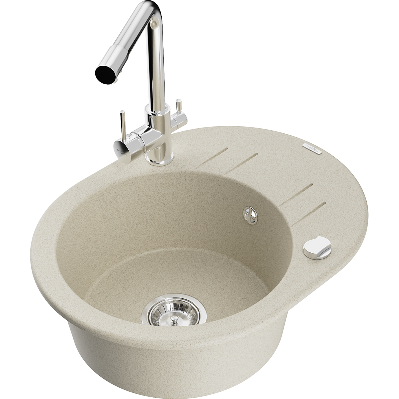 Mexen Kevin granitový dřez 1-komorový s odkapávačem a kuchyňskou baterií Duero, béžový - 6517-69-671600-00