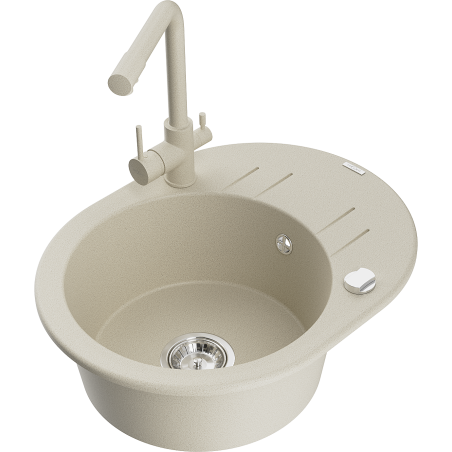 Mexen Kevin granitový dřez s jednou komorou, odkapávačem a kuchyňskou baterií Duero, béžový - 6517-69-671600-69