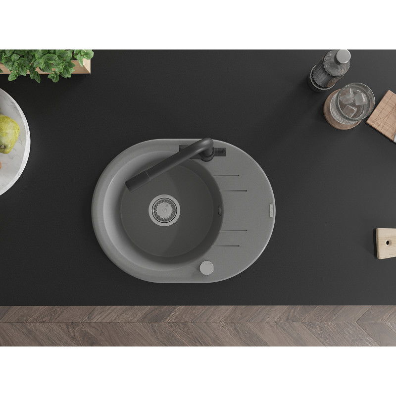 Mexen Kevin granitový dřez 1-komorový s odkapávačem a kuchyňskou baterií Duero, šedý - 6517-71-671600-70