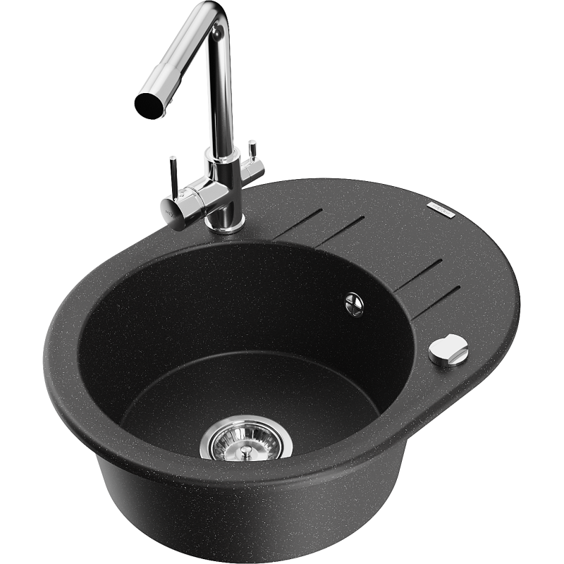 Mexen Kevin granitový dřez 1-komorový s odkapávačem a kuchyňskou baterií Duero, černý/stříbrný metalik - 6517-73-671600-00