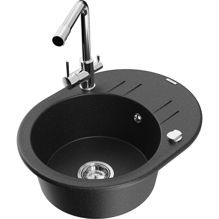 Mexen Kevin granitový dřez 1-komorový s odkapávačem a kuchyňskou baterií Duero, černý/stříbrný metalik - 6517-73-671600-00