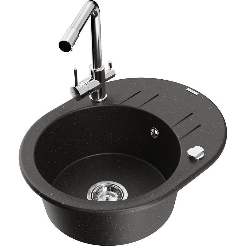 Mexen Kevin granitový dřez 1-komorový s odkapávačem a kuchyňskou baterií Duero, černý/zlatý metalik - 6517-75-671600-00